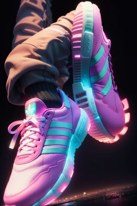 Adidas Adidas light up sneaker in the style of luminous 3d objects, eiichiro oda, nightscape, clear colors, matte photo, light magenta and dark amber, firmin baes