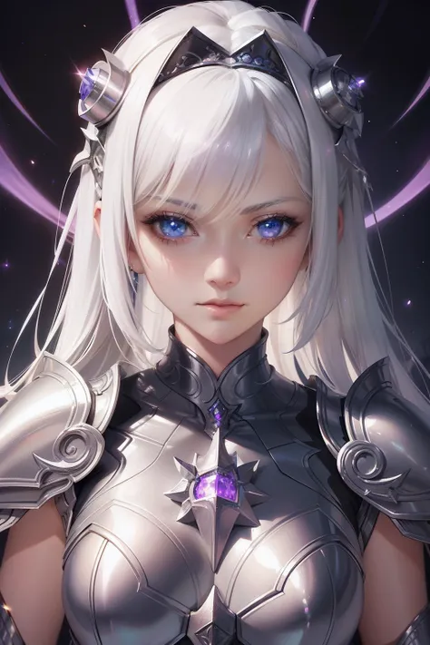 a closeup of a woman in a silver outfit with a purple light, zodiac girl knights, girl in armor, extremely detailed artgerm, 2.5d cgi anime fantasy art, anime fantasy illustration, girl knights portrait of the zodiac, white haired deity, anime fantasy art,...