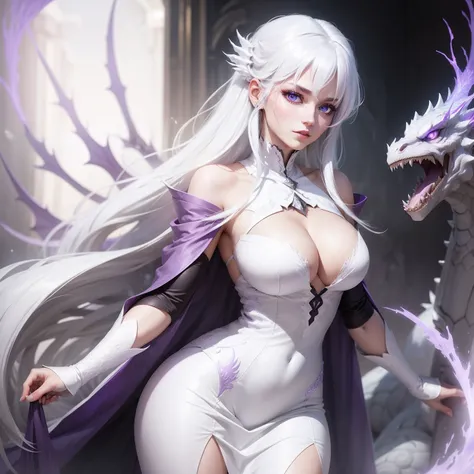 a women, white hair, purple eyes, white dress, silver dragon