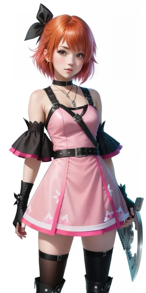 an awarded photo, 1girl, kairi from kingdom hearts holding a keyblade, short auburn-hair, short hair, pink kingdom hearts dress, holding_keyblade, kingdom hearts inspired, pale complexion, pink dress with black accents, black_boots