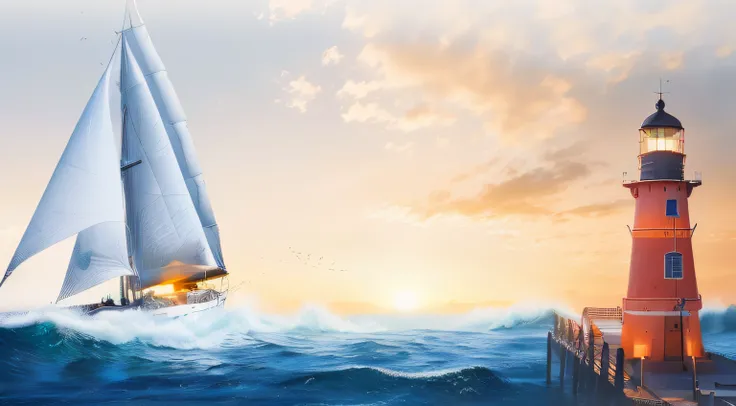 Sailing boat sailing in the ocean near the lighthouse at sunset, A sailboat soaring in the wind, riding the wave, sail boat on the background, Sail ships, best on adobe stock, Sail ships, Sail, motivational, Sail ships, sails, wallpaper - 1 0 2 4, Inspirat...