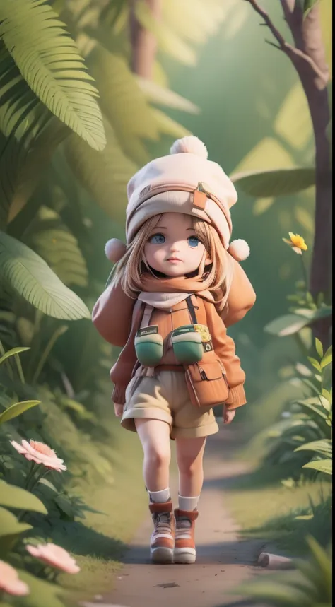 there is a poster with a cartoon character in a hat and backpack, female explorer mini cute girl, walking in the wilderness, flo...