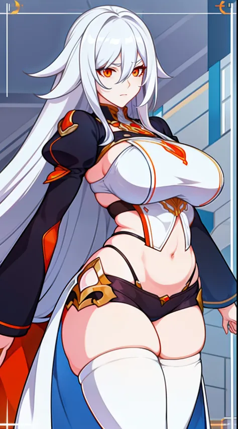 Adult woman, Long white hair, Orange Eyes, big breastes, open breasts, open belly, blue tight top, Iron sleeves, Iron boots, open thighs, brawn, anger, Masterpiece, hiquality