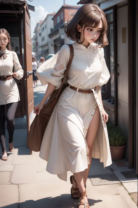 Delicate brown hair，Loose clothing made of polyester material,、Cream Dress、Knotted belt、Slender woman、Walking、Super Detail，Anatomically correct、Ray traching，细致背景、