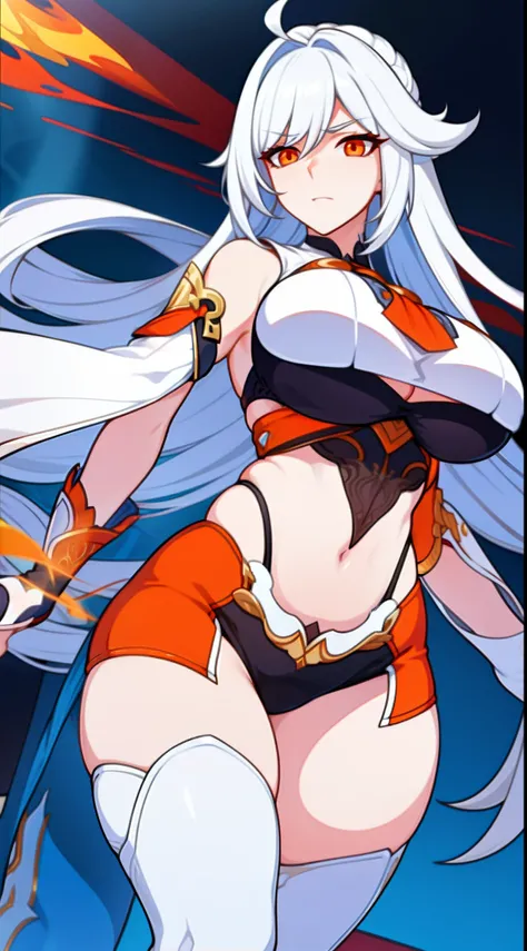 Adult woman, Long white hair, Orange Eyes, big breastes, open breasts, open belly, blue tight top, Iron sleeves, Iron boots, open thighs, brawn, anger, Masterpiece, hiquality