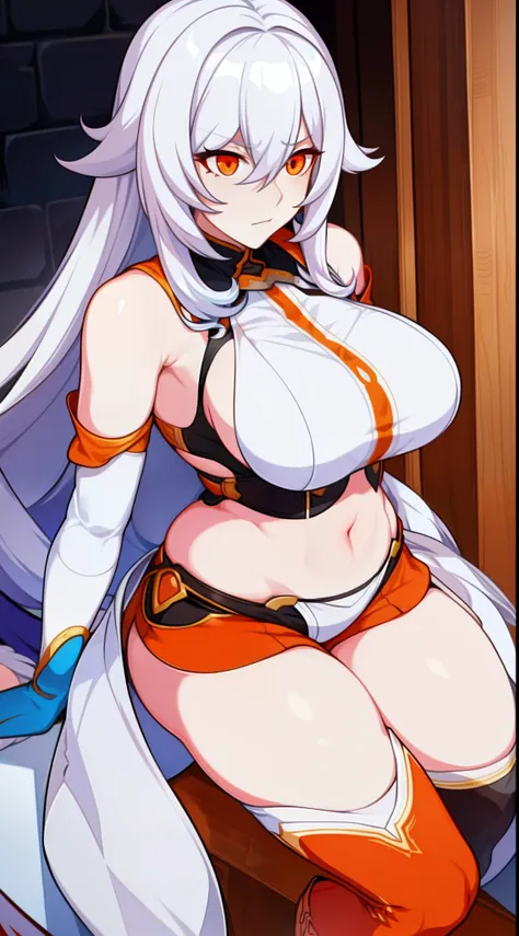 Adult woman, Long white hair, Orange Eyes, big breastes, open breasts, open belly, blue tight top, Iron sleeves, Iron boots, open thighs, brawn, anger, Masterpiece, hiquality