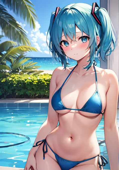 ​masterpiece、Top image quality、超A high resolution、nsfw、miku hatsune、blue hairs、Twin-tailed、Short hair、Blushing、Embarrassing appearance、Light blue string bikini、Borderline string bikini、in poolside、resort hotel