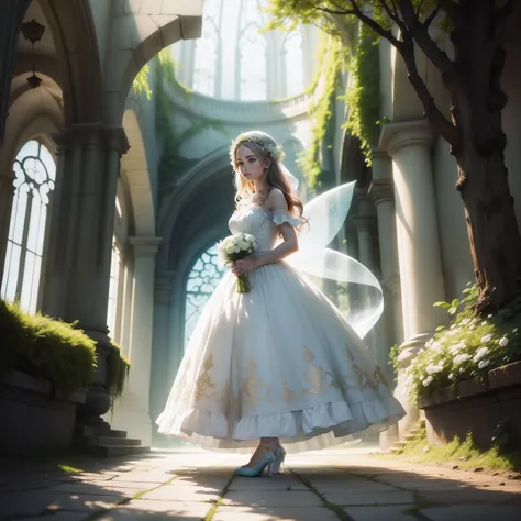 Woman and man walk through a fairy wearing a beautiful reality dressed in bright white