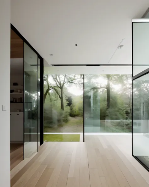 View from bathroom with large windows and benches, Clear glass wall, minimalistic house in the wood, ceiling to floor windows, big glass window, inspired by David Chipperfield, floor to ceiling window, open wall architecture, glass wall, inspired by Richar...