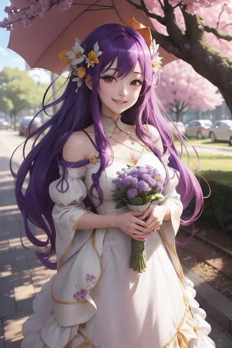 anime girl with long purple hair holding flowers in front of a tree, beautiful anime girl, beautiful anime artwork, anime art wallpaper 4 k, anime art wallpaper 4k, anime art wallpaper 8 k, anime style 4 k, beautiful anime art, beautiful anime, beautiful a...