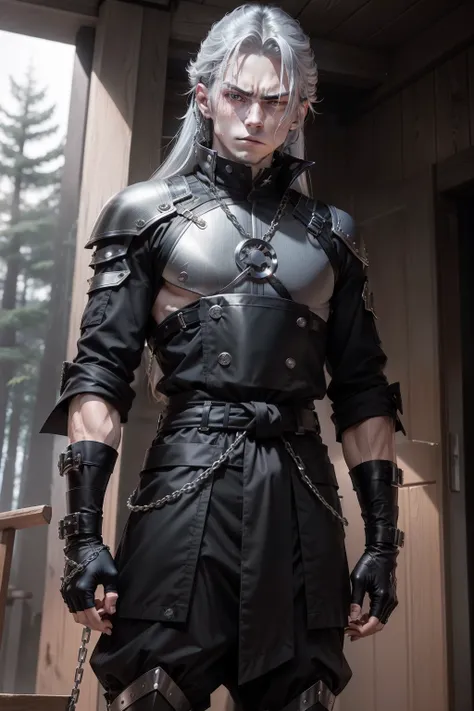 masutepiece、超A high resolution、Powerful images、8K、scene inside forest、eighteen-year-old boy　Silver hair color、The tips of the hair are curled、Thin macho、Black ninja costume、chain mail、Niō Standing、Angry look、