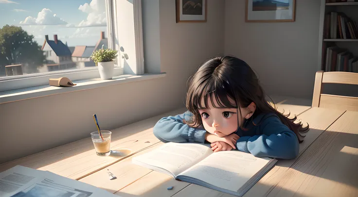 A child lying on a table writing carefully，In a bright room，Its all books，Realisticstyle，4K，Blue sky and white clouds outside the window