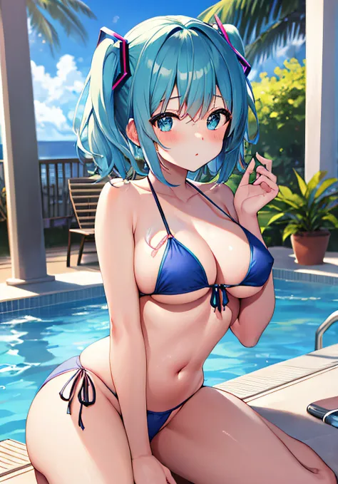 ​masterpiece、Top image quality、超A high resolution、nsfw、miku hatsune、blue hairs、Twin-tailed、Short hair、Blushing、Embarrassing appearance、Light blue string bikini、Borderline string bikini、in poolside、resort hotel