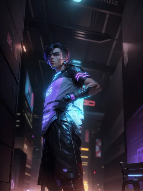 Change background cyberpunk handsome boy, realistic face, 8k, ultra realistic, cute little boy, 
Real face, neon, lighting,