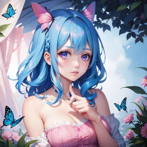 a women, blue butterfly, blue hair, pink eyes, pink dress