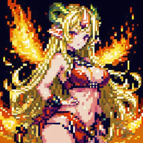 (masutepiece, of the highest quality, Best Quality, Official art, Beautiful and aesthetic:1.2),Sexy Devil, 1 girl, Large breasts, , (very long horns:1.6), flames all around, glowing body, Sexy, cold light,boobs loli、demon girls、Lori、Pixel art、Pixel art、gam...