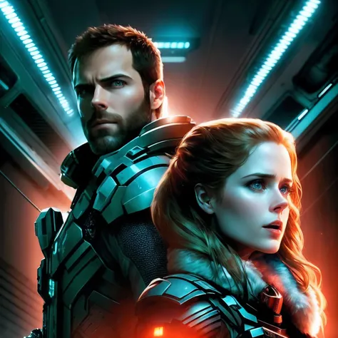 Hot terrified Amy Adams and David giuntoli on Ishimura Horror Space Ship photography, natural light, photorealism, cinematic rendering, ray tracing, the highest quality, the highest detail, Cinematic, Third-Person View, Blur Effect, Long Exposure, 8K, Ultr...