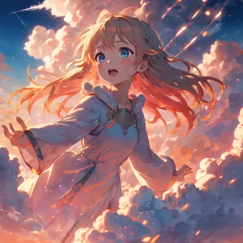 masterpiece, best quality, movie still, 1girl, cloud girl, floating in the sky, close-up, bright, happy, warm soft lighting, sunset, (sparks:0.7)