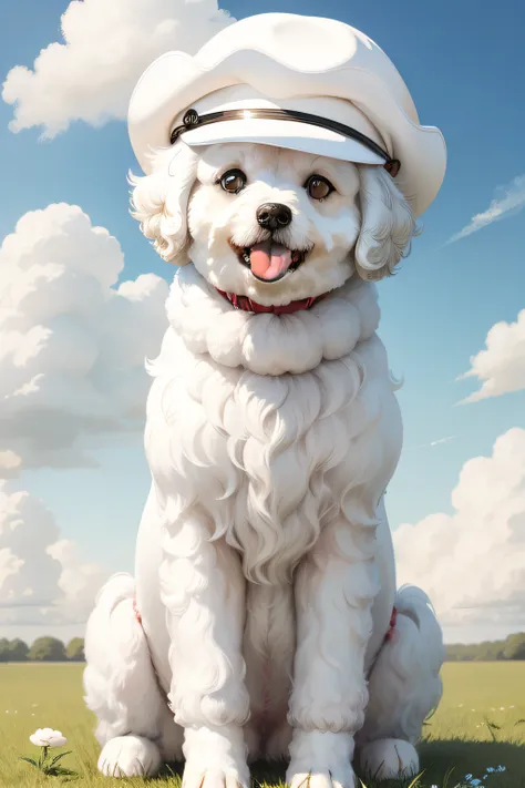 Bichon，white colors，adolable，Stick out your tongue，Sit on the grass，with blue sky and white clouds，roundly eyes，Brown pupils，White hair is fluffy，Delicate hair，without a hat，