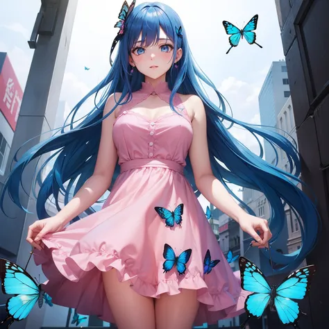 a women, blue butterfly, blue hair, pink eyes, pink dress