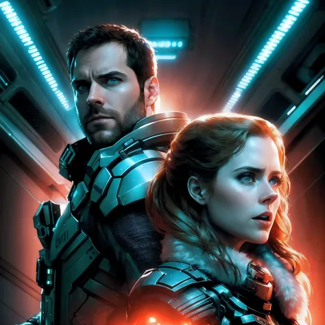 Hot terrified Amy Adams and David giuntoli on Ishimura Horror Space Ship photography, natural light, photorealism, cinematic rendering, ray tracing, the highest quality, the highest detail, Cinematic, Third-Person View, Blur Effect, Long Exposure, 8K, Ultr...