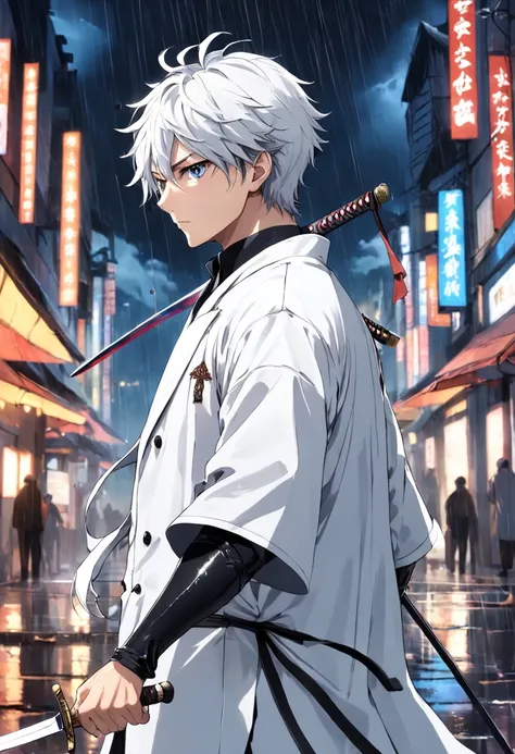 Costume rainy night capital stone road male swordsman capable back white coat seven-point sleeves black lining