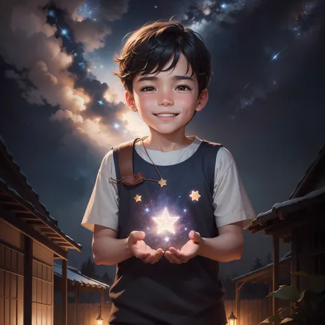 Create an illustration that depicts the boy in the orphanage’s backyard, holding the Star of Hope as he looks up at the starry sky. His smile reflects the serenity and gratitude he feels as the star gently shines in his hands, symbolizing the connection wi...