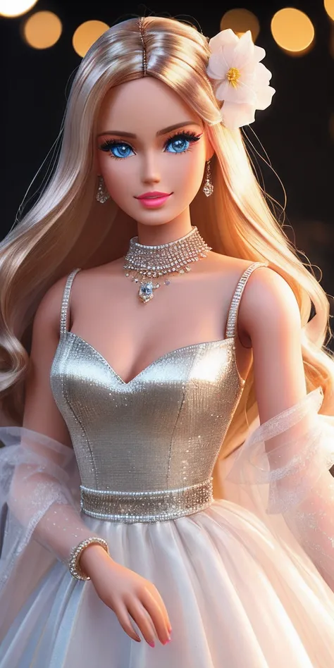 Best quality at best，tmasterpiece，A high resolution，1girl，((( Barbie Girl)))，Transparent silk porcelain dress，Lovely face，hair adornments，looking at viewert，ssmile，closing the mouth，cparted lips，shift dresses，hair adornments，choker necklace，jewely，long whi...