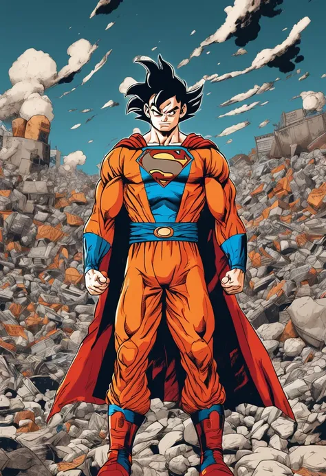 Goku no estilo de Akira Toriyama, vestido com uma fantasia de Superman. 8k ultra detalhe