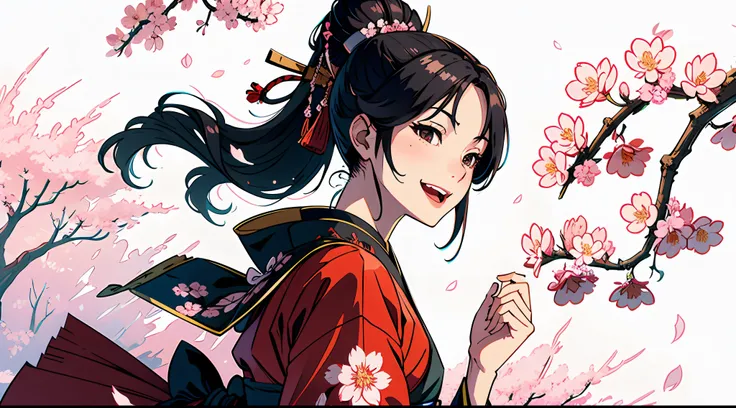 A graphic illustration of a female samurai, crazed smile, blood, sakura blossoms,  8k, 16k