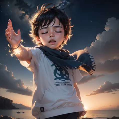 Create an image that depicts the kid closing his eyes for a moment, feeling the night breeze on his face. The Star of Hope must be shining brightly in your hands, as if celebrating your journey and blessing your path