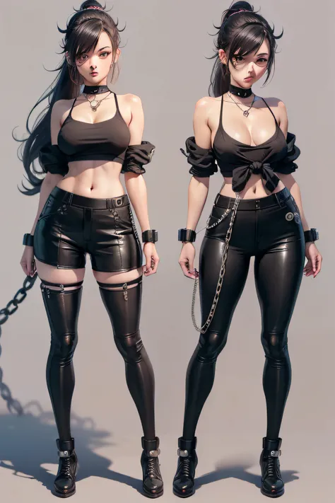 Anime girl in black top and black pants，A chain is tied around the waist, full body portrait of a short!, full body detailing, feminine outfit, anime vtuber full body model, anime full body illustration, full body adoptable, !!Full body portrait!!, mechani...