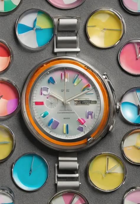 watch: top-down cinematic fine art photoshot professional studio, inside-visible transparent vinyl watch made of translucent glass, full of colurful small jelly beans inside, high refractive index, frosted glass, pastel colors with a pale yellow accent hig...