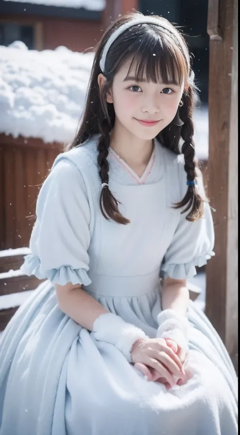 (8K, Best quality, Master, 超高分辨率:1.2) Beautiful photo of a 12 year old girl in Japan，ssmile， (melancholy winter snow:1.4)，(Beautiful and vivid Lolita dress)，Big wind，(looking toward the viewer)，Squat and sit，Long hair，