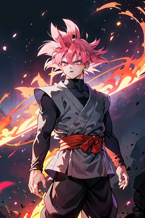 masterpiece,goku black,morden clothes,pink hairs,pink eyes,pink aura,flame particles in air