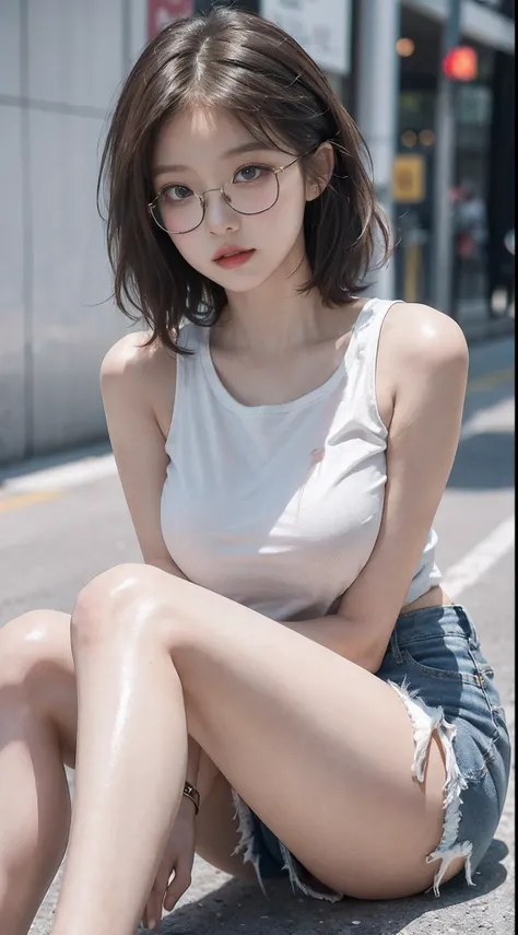 Top image quality、Raw photography、超A high resolution、18-year-old Korean、Glasses beauty、Colossal tits:1.5、cleavage of the breast:1.5、fair white skin、shiny white skin、(short bobbed hair)、((dark brown hair))、Beautiful eyes with random colors、very thin lips、be...