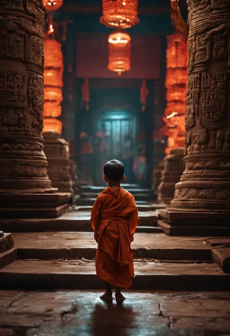 A girl little monk，Stand in front of the stone temple，had his hands folded