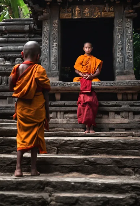 A girl little monk，Stand in front of the stone temple，had his hands folded