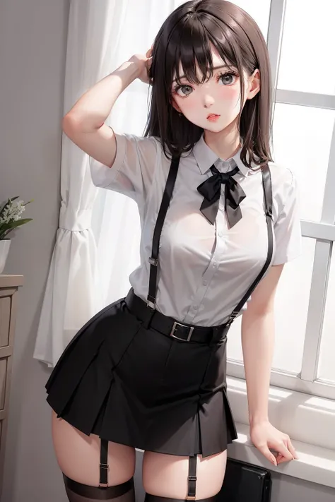 Black skirt, 　suspenders, Brown hair Gray eyes, Garter belt on the legs, Tight clothes, 　　 a belt　Armpit sweat　　deadpan　moderate breasts