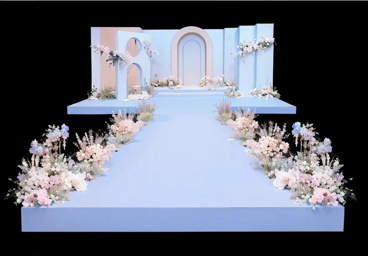 opulent ，Beautiful rendering，hyper HD，Hyper-realistic，，French wedding scene，CG rendering，lavishly decorated，enscape render，，Luxurious crystal ceiling，Wedding，opulent，high qulity，with details，Oil painting feeling，florals，Powder blue color scheme，No characte...