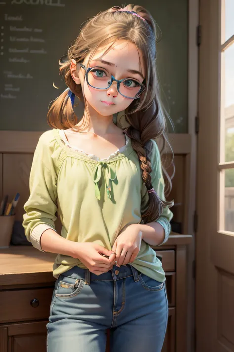 "Whimsical illustration for a childrens book: a 10-year-old Caucasian girl in jeans ,has glasses and green eyes. Her long brown hair is tied up in a ponytail.