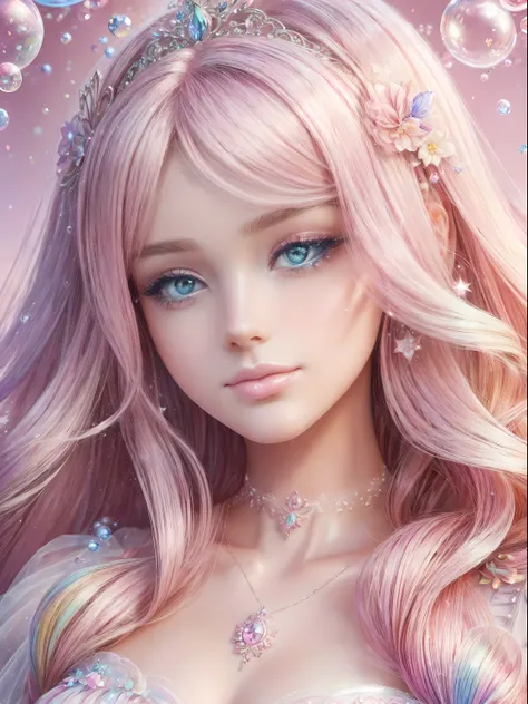 ((Masterpiece)). This artwork is sweet, Dreamy and ethereal, （Barbie pink background：1.5），barbiecore，A princess，cabellos largos dorados，Kizi，Delicate face, Soft pink watercolor toned candy accent，(Bubblegum world with a variety of pastel shades). Her sweet...