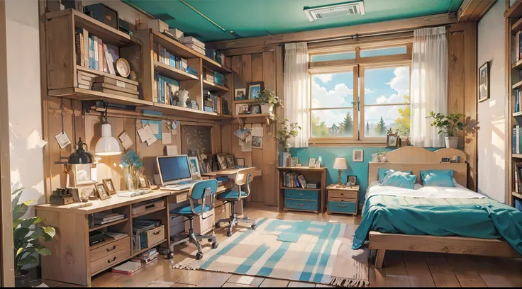 A bedroom for a high school student ，White walls，Original wooden floors，Log wardrobe，Wood coloured bed back，Blue sheets，Next to the bed is a wood-colored bedside table，Brown desk，There is a student chair on the floor next to the desk，There are small booksh...