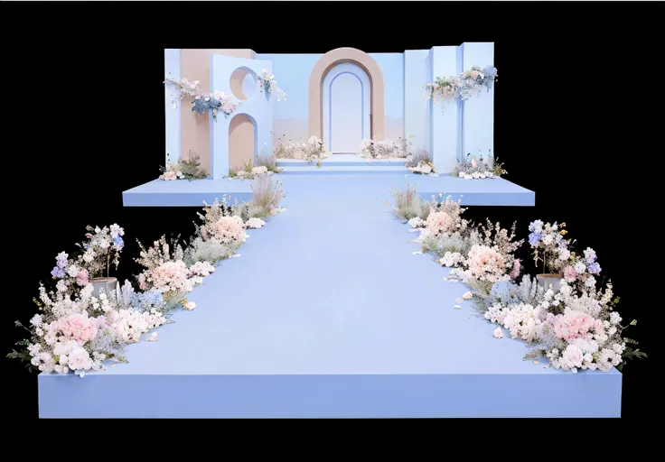 opulent ，Beautiful rendering，hyper HD，Hyper-realistic，，French wedding scene，CG rendering，lavishly decorated，enscape render，，Luxurious crystal ceiling，Wedding，opulent，high qulity，with details，Oil painting feeling，florals，Powder blue color scheme，No characte...