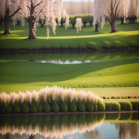 look at，Willow trees lined up by the river，Its like a bunch of people dressed in green、Energetic（dousOu）of soldiers；Behold the，That tree was full of flowers，The flower has five petals，The side is pink，The middle is dark yellow