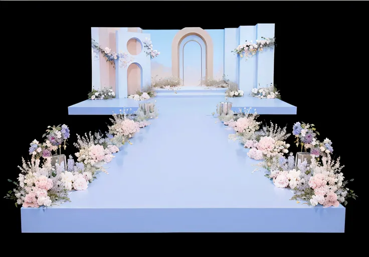 opulent ，Beautiful rendering，hyper HD，Hyper-realistic，，French wedding scene，CG rendering，lavishly decorated，enscape render，，Luxurious crystal ceiling，Wedding，opulent，high qulity，with details，Oil painting feeling，florals，Powder blue color scheme，No characte...