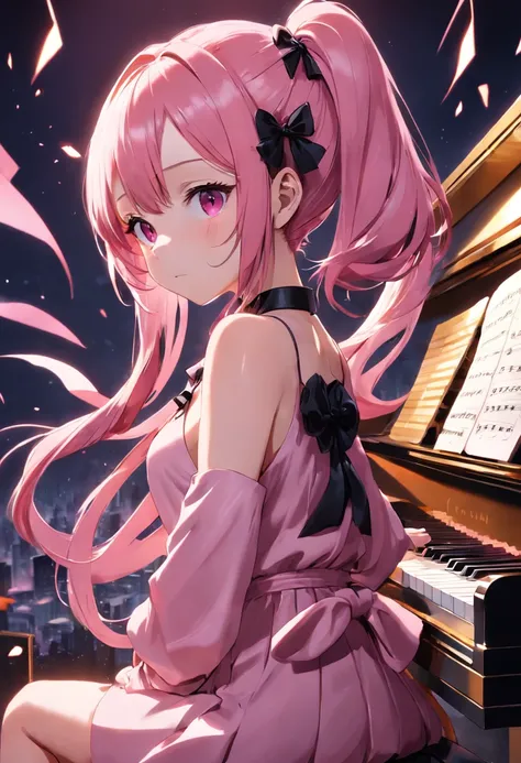 Girl piano pink and black bicolor hair double ponytail