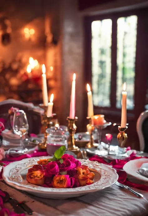 moouura at a romantic dinner with candles, rosas, comida, vinho,