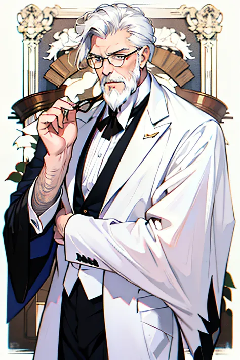 The male，A old man，Handsome，Rich，Silver-white suit，With antique glasses，mature，White beard，white color hair