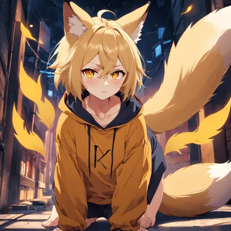 Short blonde hair，Golden fox ears，Golden fox tail，Reddish-brown eyes，Wearing a yellow sweatshirt，Tsundere，Libido boy